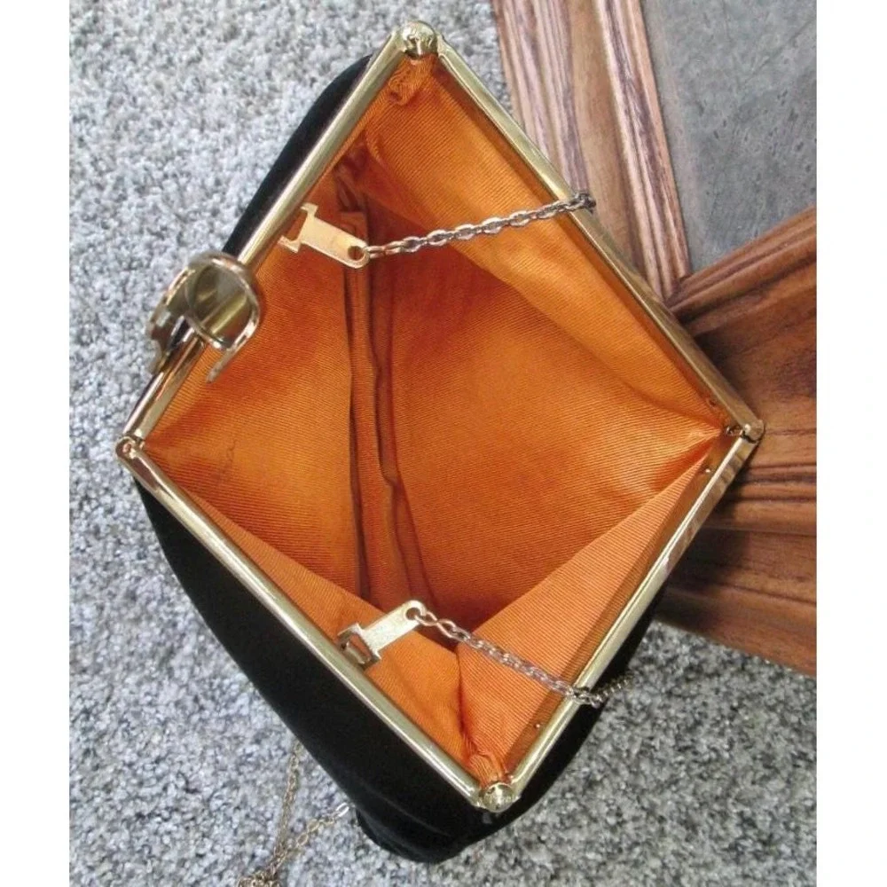 Etra Vintage Clutch Shoulder Purse Black Envelope Velvet Velour‎ Soft Gold